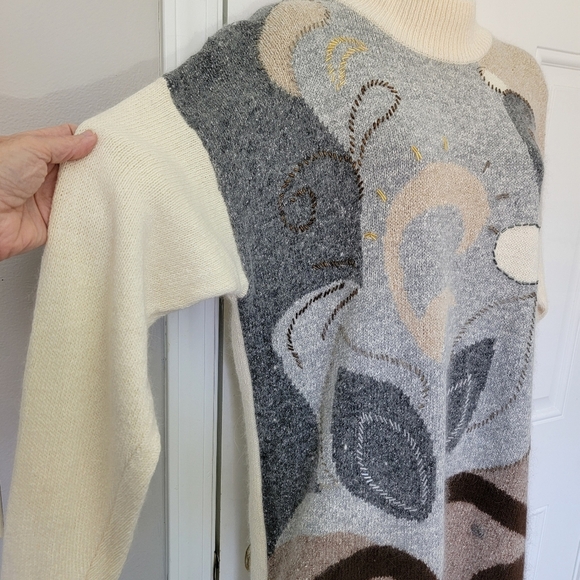 Vintage Women's Sweater Summit Hill Silk Angora Lambswool Cream Grey Beaded L - Picture 4 of 12